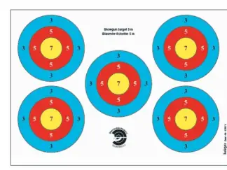 Blasrohr Wettkampfscheibenauflage 5m 5-Spots 7-5-3 5 Stück - 3 Zonen Papierauflage speziell für den Blasrohrsport!