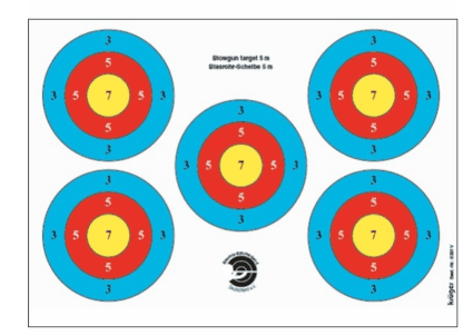 Blasrohr Wettkampfscheibenauflage 5m 5-Spots 7-5-3 5 Stück - 3 Zonen Papierauflage speziell für den Blasrohrsport!