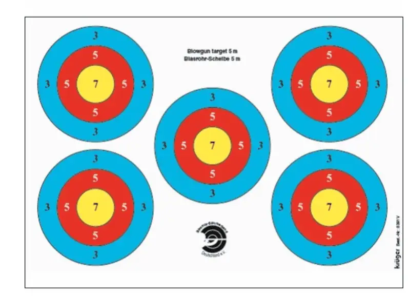 Blasrohr Wettkampfscheibenauflage 5m 5-Spots 7-5-3 5 Stück - 3 Zonen Papierauflage speziell für den Blasrohrsport!